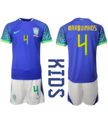Lacne Dětský Futbalové dres Brazília Marquinhos #4 MS 2022 Krátky Rukáv - Preč (+ trenírky)